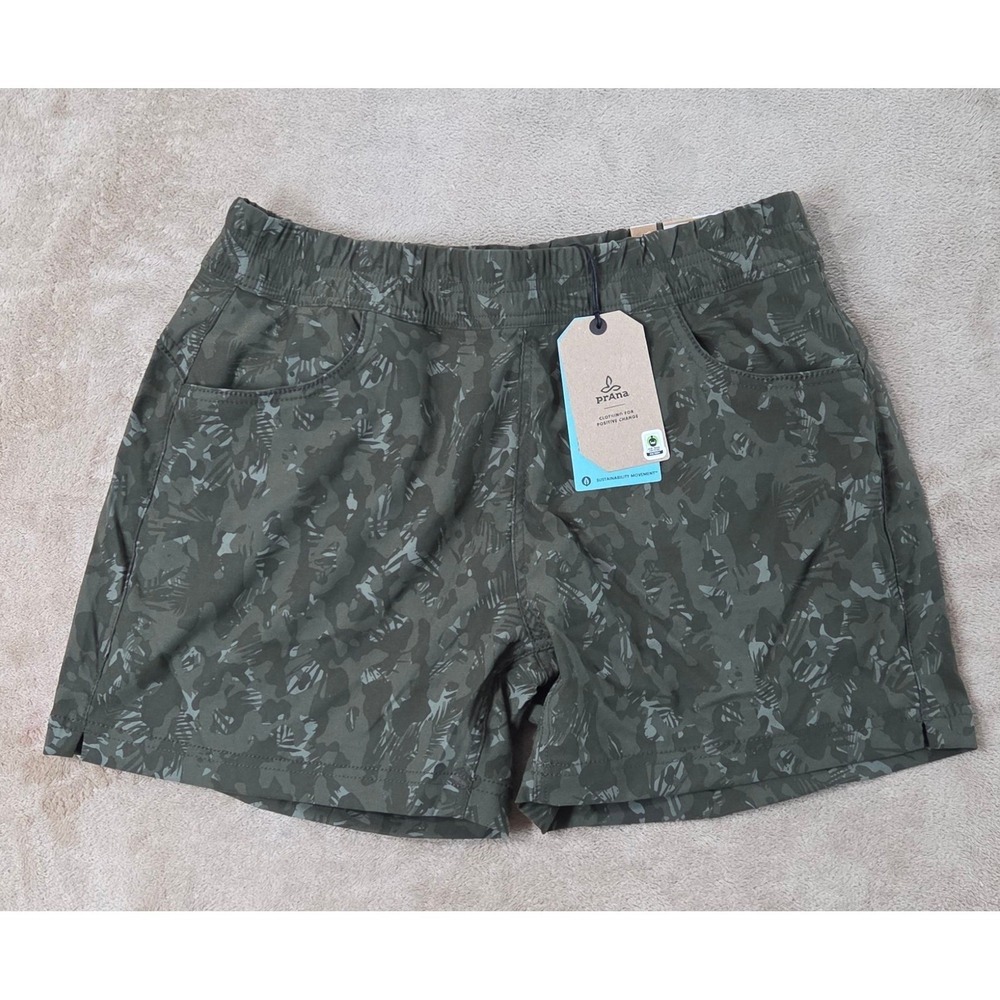 PrAna Halle E-Waist Short II Women's 5" Size 12 Evergreen Camo Relaxed Fit NEW